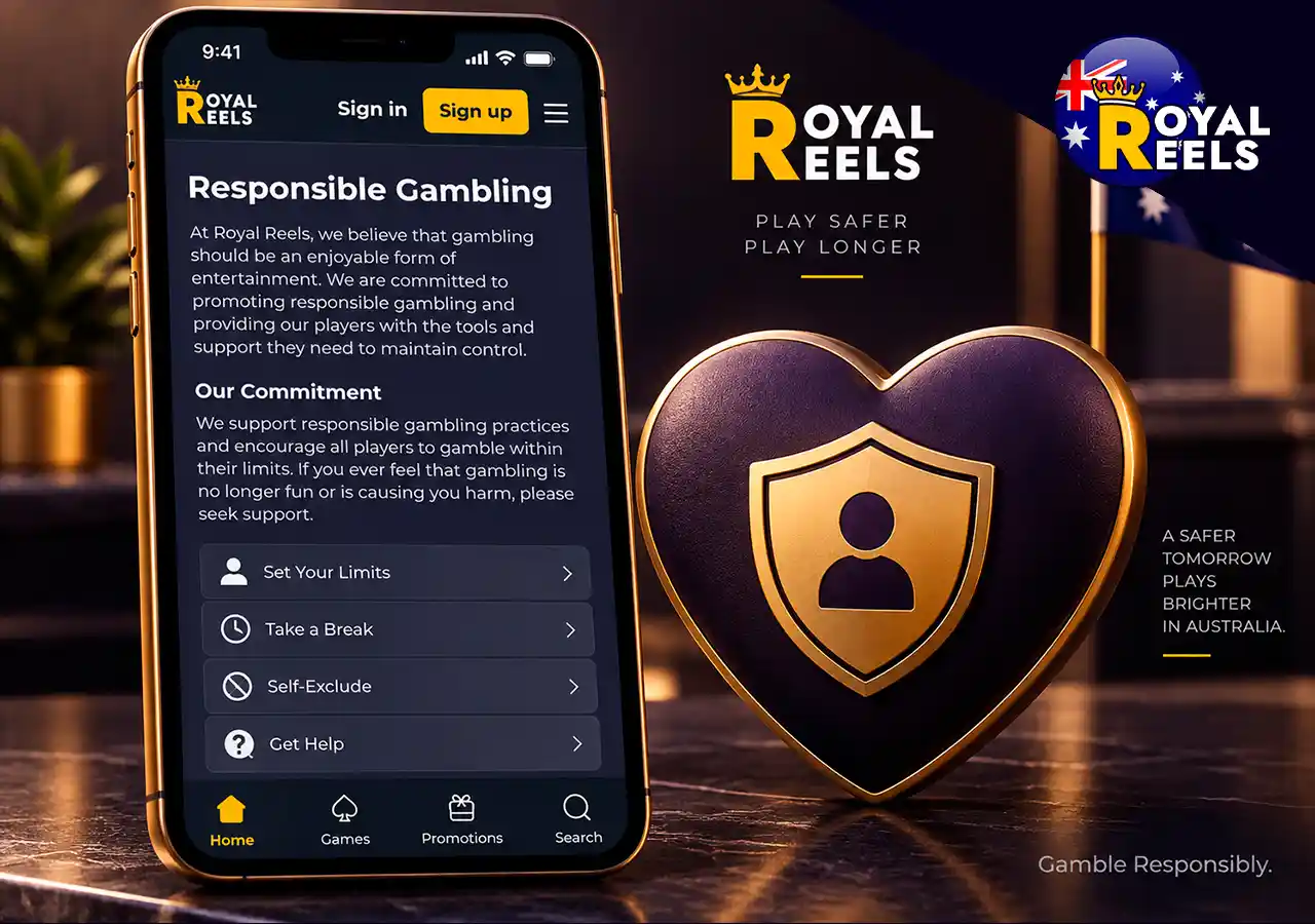 Responsible gambling page on mobile with protective heart and subtle Australian GEO marker.