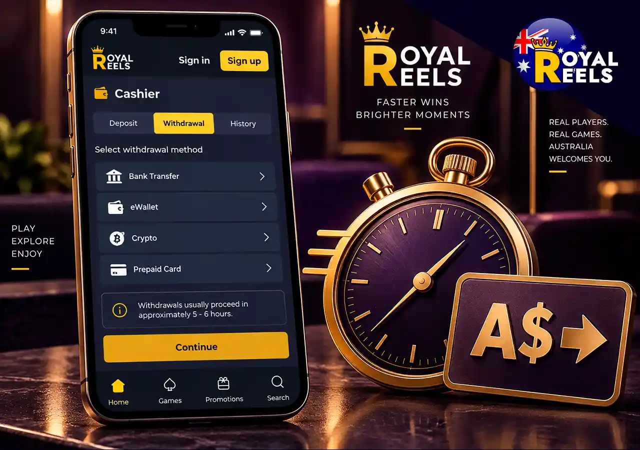 Casino cashier on mobile with a large stopwatch and AUD withdrawal symbol.